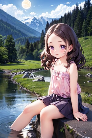 (best quality, realistic, HDR), 1girl, child, purple eyes, long and curly brown hair, detailed forehead, wearing a short skirt and a camisole, looking embarrassed, sitting by the riverbank, surrounded by mountains in the background, with the moonlight illuminating the scene