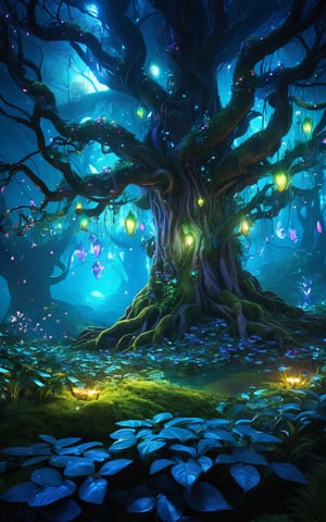 (best quality,8K,highres,masterpiece), ultra-detailed, (enchanted forest with glowing flora), an enchanted forest where the flora emits a gentle, magical glow. The scene is filled with towering ancient trees, their branches intertwined and leaves shimmering with bioluminescent light. Various fantastical creatures, such as fairies and glowing insects, inhabit the forest, creating a mesmerizing and otherworldly ambiance. The overall composition is serene and enchanting, inviting viewers to explore the mystical landscape.