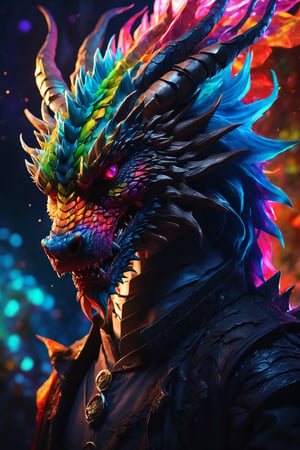 AiArtV, Dragon, (best quality, 8K, highres, masterpiece), ultra-detailed, (photorealistic, cinematic), illustration painting of a luminous and enchanting bad guy undead/human-like creature with vibrant and dynamic anime-style colors. The creature, with dark, colorful hair, strikes a dynamic pose in a brilliantly lit fantasy realm environment filled with a kaleidoscope of colors. The mid-shot composition and rule of thirds depth of field emphasize intricate details, creating a fantastical realm that bursts with subtle and vibrant colors. The use of light particles enhances the scene's grandeur and awe, making it a stunning visual masterpiece in a double-exposure style. The strong outlines contribute to the scene's cinematic feel, creating a super colorful and visually captivating narrative