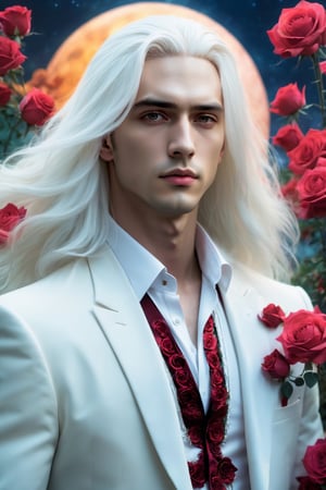 masterpiece, highest quality, (solo focus), (perfect face:1.1), (high detail:1.1), (hyper detailed eyes), dramatic, a guy with pale skin and long voluminous white hair, white eyes, solo, long hair, Sephiroth, moon, night, white luxury suit, covered navel, pouty lips, fur, arrogant expression, Rose Garden, detailed background, art by artgerm, cinematic lighting, roses, fashion, BalenciagaStyle