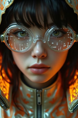 Cyborg style,
A close up of a young woman's face.  Her eyes are green and her hair is dark brown.  She is wearing a pair of round shaped goggles with a clear frame.  The lenses are covered in small white dots and lines.  There is a zipper on the front of the jacket. The jacket is shiny and has orange designs on it.