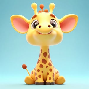 3D cute animal character,
A cute, cartoonish giraffe with large, expressive eyes and a broad smile sits against a pastel blue background. Its bright yellow-orange skin is dotted with darker brown spots, and it has a playful, oversized head compared to its compact body. The giraffe's ears are round and pink inside, while its ossicones are slightly bulbous. The short tail curls slightly at the tip. Smooth textures and soft lighting enhance its friendly appearance, creating an inviting and cheerful atmosphere.