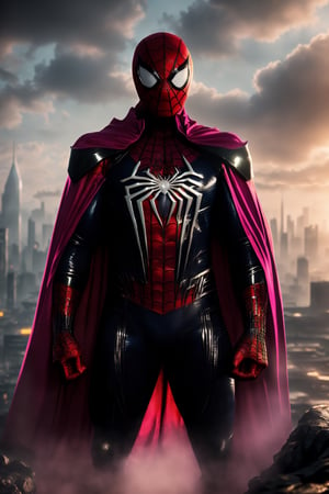 (Breathtaking 8K concept art), (Spiderman in a sleek Pink and Black armored suit, unmasked, with a flowing black cape:1.3), Against a detailed night cityscape, bathed in natural volumetric lighting, reminiscent of artistic visionaries like Greg Rutkowski, (A masterpiece trending on ArtStation:1.3).