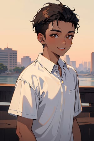 (best quality, 4k, 8k, highres, masterpiece:1.5), ultra-detailed,anime, solo,looking at viewer,smile,short hair,shirt,black hair,1boy,brown eyes,jewelry,white shirt,upper body,male focus,earrings,dark skin,dark-skinned male,very short hair,undercut,buzz cut