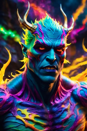 (best quality,8K,highres,masterpiece), ultra-detailed, (photorealistic, anime-style), illustration painting of a luminous and enchanting bad guy, undead/human-like creature with vibrant and colorful dark hair. The character strikes a dynamic pose in a fantastical realm environment filled with vivid hues and vibrant colors, illuminated by fantastical light particles. The mid shot composition and rule of thirds depth of field showcase intricate details, emphasizing the creature's grandeur and awe. The scene is cinematic, featuring double exposure effects and strong outlines, creating a stunning visual masterpiece bursting with lively and energetic colors.