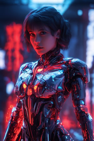 best quality, 4K, 8K, high-resolution, masterpiece, ultra-detailed, photorealistic,  an image of a woman in a robot suit with glowing red lines running down her chest and arms, showing off her body, 1girl, looking at viewer, short hair, black hair, upper body, blurry, lips, blurry background, science fiction, realistic, straight-on, android, cable, ribs, mechanical parts, cyberpunk, spine