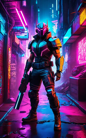 (best quality,8K,highres,masterpiece), ultra-detailed, (cyberpunk warrior in a neon-lit alley), depiction of a cyberpunk warrior standing confidently in a neon-lit alley. The warrior is dressed in sleek, high-tech armor with glowing accents and armed with futuristic weapons. The alley is filled with graffiti, steam, and holographic signs, creating a gritty and immersive cyberpunk environment. The overall composition emphasizes the warrior's readiness and the vibrant, chaotic energy of the setting.