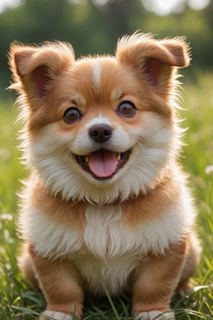 (best quality, 4k, 8k, highres, masterpiece:1.2), ultra-detailed,3D,dog, pet, adorable, cute, lively, friendly, playful, doggy eyes, fluffy fur, happy expression, small size, curled tail, pointy ears, puppy, paws, snout, puppy breath, chubby cheeks, wagging tail, soft nose, puppy love, warm-hearted, loyal companion, joyful, fun-loving, running in the meadow, grass, beautiful sunny day, family pet, symbol of happiness, portrait style, vivid colors, shades of brown, bokeh lighting.