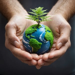 (best quality,8K,highres,masterpiece), ultra-detailed, tree planting, a person holding a small green earth globe in their hands with a fern growing out of it