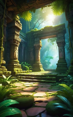 (best quality,8K,highres,masterpiece), ultra-detailed, (ancient temple ruins in a jungle), depiction of ancient temple ruins hidden deep within a lush jungle. Vines and moss cover the weathered stone structures, hinting at the passage of time. Sunlight filters through the dense canopy, casting dappled light on the ground. Exotic birds and animals can be seen among the trees, adding to the sense of mystery and discovery. The overall composition evokes a sense of adventure and exploration.
