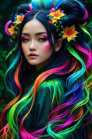 (best quality,8K,highres,masterpiece), ultra-detailed, (super colorful, fantasy creature style) portrayal of an enchanting being, resembling the goddess of horticulture. This otherworldly entity possesses long, flowing black hair styled in space buns and radiates an aura of mystic charm. Instead of ordinary hair, her locks are transformed into brilliant neon tendrils that flow like cascading waterfalls, each strand shimmering with a dazzling array of vivid colors. She stands as a beautiful backlit silhouette, her body adorned with millions of microscopic fibers, ultra-bright neon strings, and intricate neon vines and leaves that intertwine with futuristic flora. The entire scene is bathed in a vibrant green color palette, creating a mesmerizing and fantastical world where nature and technology harmoniously coexist in a breathtaking display of color and magic.