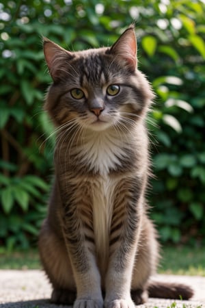 A cute cat,fluffy fur,adorable active eyes,playful paws,cosy sleeping spot,soft whiskers,beautiful patterned coat,bright and expressive eyes,curious and playful nature,smooth and sleek body,graceful and agile movements,[cat toys],[green garden background],[colorful sunlight filtering through the trees],[vibrant and cheerful atmosphere],(best quality,ultra-detailed),[soft lighting],realistic colors, [bokeh]