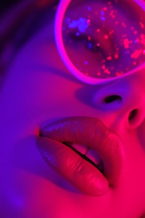 Neon-lit close-up, A hyper-realistic close-up of a beauty supermodel sexy girl face, big lips, bathed in neon pink and purple light with glittering particles on her skin, neon sunglasses with glitter textures patterns, fashion magazine style, beautiful background, Use soft colors and a shallow depth of field