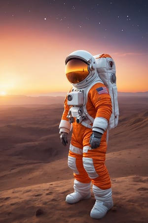 (best quality,4k,highres,masterpiece:1.2),ultra-detailed,realistic,photorealistic:1.37,astronaut,orange astronaut outfit,standing against a sunset background,surreal atmosphere,cosmic colors,vibrant orange tones,striking silhouette,star-filled sky,awe-inspiring view,glowing helmet reflection,flawless spacesuit,ornate details,meticulously crafted visor,elegant posing,captivating celestial scenery,serene and dreamlike setting,extravagant cosmic perspective,ray of sunlight illuminating the astronaut,sublime space exploration,otherworldly experience