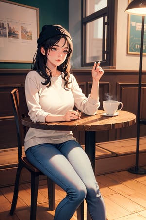 (best quality,4k,8k,highres,masterpiece:1.2),ultra-detailed,(realistic,photorealistic,photo-realistic:1.37),portrait,coffee shop,1girl,beautiful detailed eyes,beautiful detailed lips,extremely detailed eyes and face,long eyelashes,rainbow hair,beanie,sweater,jeans,sitting on chair,dynamic pose,indoors,vivid colors,soft lighting,wooden table,colorful cafe,hot beverage,steam rising from cup,casual attire,relaxed atmosphere,cozy ambiance,quiet background,bustling environment,comfortable seating,artistic expression,contemporary style,pleasant aroma,warm tones,positive energy,blurred background,subtle shadows,thoughtful expression,relaxed stance,natural posture,inviting setting,harmonious composition,stylish decor,modern furnishings,artistic details,homely feeling,serene moment,enjoying coffee,moment of solitude,cheerful personality,peaceful contemplation,tranquil experience