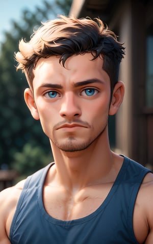 score_9,score_8_up,score_7_up,looking at viewer,short hair,blue eyes,shirt,black hair,1boy,closed mouth,male focus,outdoors,day,blurry background,facial hair,tank top,blue shirt,portrait
