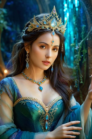 (best quality,8K,highres,masterpiece), ultra-detailed, (fantasy-themed, ethereal) portrait of a captivating woman. Enchanting and otherworldly, she emanates a magical aura, adorned with elements like mystical jewelry and vibrant, flowing garments. The scene is a masterpiece, blending realism with fantastical elements for a truly mesmerizing portrait.