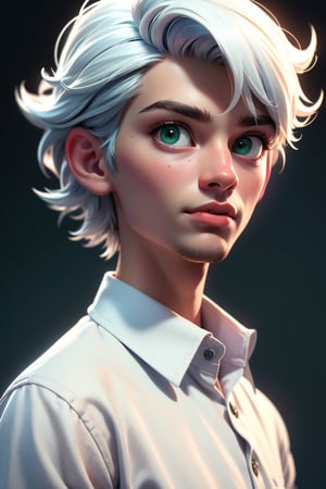 (best quality, 4k, 8k, highres, masterpiece:1.5), ultra-detailed, solo,looking at viewer,short hair,shirt,1boy,green eyes,white shirt,upper body,white hair,male focus,collared shirt,portrait