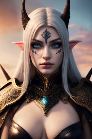 best quality, highres, masterpiece, detailed painting, captivating dark elf, mesmerizing ice blue eyes, delicate white tattoo with intricate dots on her face, long flowing hair in white with wisps of light pink and pale teal, ethereal appearance, leather strapped armor, fierce yet elegant warrior spirit, stunning combination of colors, incredibly detailed image, immersive high-quality resolution, intricate nuances of the dark elf's features, meticulous craftsmanship, attention to detail, brings the dark elf to life, captivates viewers, sheer artistry, brilliance