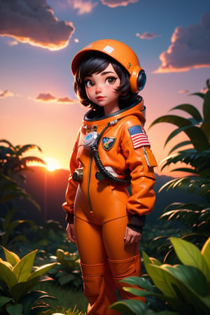 An astronaut in an orange astronaut outfit, standing against a sunset background. The astronaut is positioned front facing and is shown from the waist up. The sunset provides a warm and vibrant color palette. The scene is surrounded by lush plants, adding a touch of nature to the composition. The image quality is top-notch and high-resolution, with ultra-detailed features. The style of the artwork is realistic, with vivid colors and professional craftsmanship. The lighting accentuates the astronaut's figure, creating a captivating atmosphere