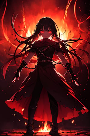 (Anime-style:1.3), (Dark and intense:1.2), A striking anime character, shrouded in shadows and poised for battle, stands against a deep crimson background adorned with menacing chains. Glowing red hollow fire particles dance around the scene, creating an otherworldly ambiance. The unique pastel look adds an ethereal touch to this dramatic and visually intense composition.