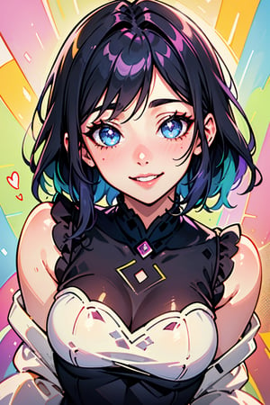 (a cute girl:1.1),smiling,blushing,short outfit,rainbow color hair,beautiful detailed eyes,beautiful detailed lips,extremely detailed eyes and face,long eyelashes,colorful background,happy expression,soft sunlight,playful pose,vibrant colors,lively atmosphere,whimsical art style,medium:pastel drawing,ultra-detailed(best quality:1.2),rainbow highlights,sparkling eyes