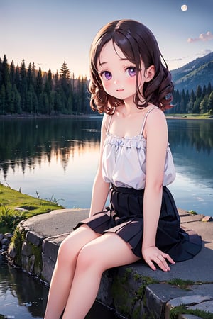 (best quality, realistic, HDR), 1girl, child, purple eyes, long and curly brown hair, detailed forehead, wearing a short skirt and a camisole, looking embarrassed, sitting by the riverbank, surrounded by mountains in the background, with the moonlight illuminating the scene