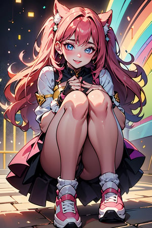 (best quality,4k,8k,highres,masterpiece:1.2),ultra-detailed,(realistic,photorealistic,photo-realistic:1.37),Cute girl,smiling,blushing,short outfit,rainbow color hair,beautiful detailed eyes,beautiful detailed lips,extremely detailed eyes and face,long eyelashes,happy expression,sparkling eyes,perfectly arched eyebrows,vibrant rainbow colors flowing through the hair,soft and silky hair texture,cheeks tinted with a gentle blush,flushed rosy cheeks,sunlight gently illuminating the girl's face, vibrant and vivid colors, youthful and vibrant energy surrounding the girl,bokeh lights,playful and joyful atmosphere, radiant smile that brightens up the scene,delicate and charming facial features,energetic and confident pose,dainty fingers and feminine hands,dainty and cute outfit with a short skirt,comfortable and stylish footwear,magic-like rainbow aura surrounding the girl,playful and cheerful personality,positive and optimistic vibes.