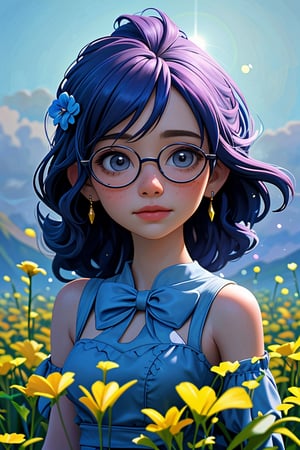 (best quality,portrait,masterpiece:1.2),girl in a blue dress with a hair flower, standing in a vast flower field. The girl is wearing glasses and has beautiful freckles on her face. Above her, the sky is filled with vibrant blue hues, as the sun sets in the distance, casting a warm orange glow. The girl wears delicate earrings that shimmer in the cinematic light.