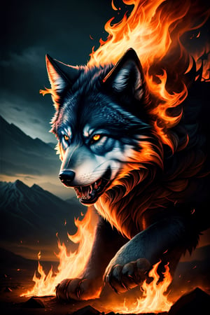 (best quality, highres:1.2, ultra-detailed, photorealistic:1.37), giant wolf Fenrir, fire, mountains, protruding, broken shackles, chains hanging, red eyes, angry, realistic lighting, dark atmosphere, eerie shadows, menacing presence, glowing embers, powerful stance, epic landscape, smoke billowing, intense heat, growling, fierce expression, wild fur, towering silhouette, raging flames, ethereal glow, foreboding, untamed power