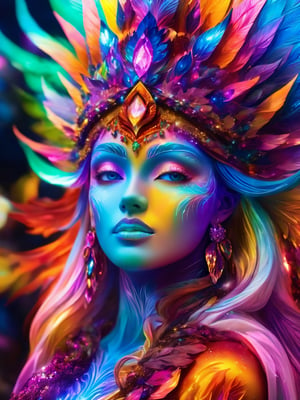 (best quality,8K,highres,masterpiece), ultra-detailed, visually stunning photograph featuring a vibrant and color-rich sculpture portraying a celestial ice goddess. This majestic deity stands tall, radiating a mesmerizing aura of vivid and lively elegance. The sculpture showcases an explosion of colors with intricate and dynamic designs that irresistibly draw the eye. The goddess, bathed in a myriad of hues, emanates a surreal and fantastical presence. The high-quality image brilliantly captures the sculpture's ethereal beauty, allowing viewers to immerse themselves in the kaleidoscope of colors, appreciating its extraordinary craftsmanship and enchanting allure. Neon lights illuminate the scene, adding an extra layer of brilliance and intensity to this captivating visual spectacle.