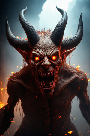 A grotesque, demonic figure with glowing, fiery orange eyes and menacing, razor-sharp teeth leers forward. Its skin is wrinkled and rough, adorned with small, illuminated bumps. Two prominent horns curl upwards from the head. The creature is bathed in an eerie, incandescent glow, contrasting sharply with the dark, misty background that features shadowy structures. Fiery embers float around, enhancing the sinister atmosphere.