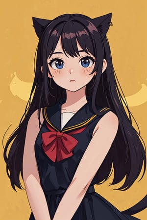 (best quality, 4k, 8k, highres, masterpiece:1.5), ultra-detailed, 1girl,solo,long hair,looking at viewer,blush,bangs,shirt,black hair,bow,jewelry,very long hair,upper body,hair bow,earrings,sleeveless,sailor collar,red bow,black shirt,sleeveless shirt,bell,animal,cat,crescent