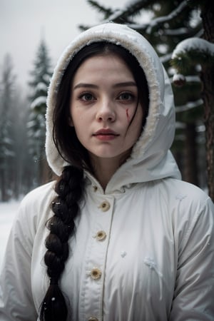 (best quality,highres,masterpiece:1.2),ultra-detailed,realistic, (wintery, snowy),windy (landscape:1.1), (horror, macabre, unsettling), (eerie atmosphere, creepy), (women:1.1, dressed as a snow maiden), (skull:1.1) on her face, (covered in blood), (distorted focus), (haunted), (horror film), (scary, evil)