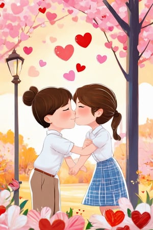 (best quality,8K,highres,masterpiece), ultra-detailed, Valentine's Day inspired scene featuring a couple in a sweet, intimate moment. The girl, with a radiant smile and short brown hair, wears a shirt that contrasts beautifully with the boy's yellow or orange shirt. They are depicted against a stark white background, focusing the viewer's attention on the connection between them. The boy, in a white collared shirt with short sleeves, gently kisses the girl on the cheek, who responds with closed eyes and a content expression, her hair tied back in a practical ponytail. The simplicity of their attire, including the girl's dress and the boy's casual shirt, underscores the genuine and heartfelt emotion of the scene. Blush stickers on their cheeks add a playful, animated touch to their expressions, emphasizing the warmth and affection they share. The artwork captures the essence of young love, symbolized by a heart that encompasses their joy and companionship, celebrating Valentine's Day with a portrayal of innocent and joyful affection.