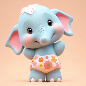 3D cute animal character,
A charming baby elephant with bright blue skin stands playfully on a soft peach background. Its large, expressive brown eyes and blushing cheeks exude warmth. The elephant's ears have pastel pink linings, and it sports a fluffy patch of white hair on its head. Adorned in a whimsical, floral-patterned outfit with vibrant orange, pink, and yellow flowers, it exudes youthful joy. The gentle lighting highlights its smooth, cartoon-like texture, creating a cute and inviting scene.