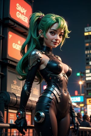 (Vivid neon night, detailed background), (petite cyborg girl, cute face, perky breasts), cute smile, Amidst the vibrant neon night of a futuristic cyberpunk city, the scene bursts with intricate details. A petite and cute cyborg girl, her face perfect and her anatomy flawless, stands with bright, glowing red eyes. Her absurdly long gradient red and green hair flows in the wind as she dons a detailed ribbed impossible bodysuit, featuring shoulder armor and cybernetic limbs, all captured from a dynamic angle.