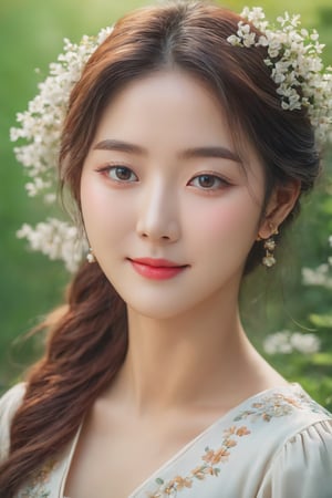 (best quality,4k,8k,highres,masterpiece:1.2),ultra-detailed,(realistic,photorealistic,photo-realistic:1.37),1Girl,korean,cute smile,off-the-shoulders,cinematic lighting,beautiful detailed eyes,beautiful detailed lips,long eyelashes,soft natural light,korean traditional dress,flowy and vibrant colors,lush garden backdrop,lively flowers,gentle breeze,joyful expression,peaceful atmosphere,subtle color grading,serene and dreamy ambiance