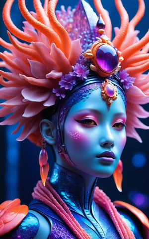 A hyper-realistic, hyper-detailed image of a futuristic, ethereal humanoid. The humanoid has a serene and otherworldly expression, with vibrant, glowing facial markings in shades of blue, pink, and purple. Their skin has a smooth, iridescent texture with a purplish hue. The humanoid's head is adorned with an elaborate crown made of coral-like structures, in various shades of pink, orange, and purple. Additional coral-like appendages extend from their shoulders and blend seamlessly into the background. The overall aesthetic is mystical and aquatic, with a striking contrast against the dark background. (hyper-realistic, hyper-detailed, futuristic, ethereal, serene, glowing facial markings, coral crown, mystical, aquatic, dark background)