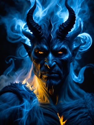 (demon, wisps of smoke,high contrast,dynamic lighting,horror fantasy,eyes of flame,intricate detail,sharp focus,masterpiece:1.2),ultra-detailed,(realistic,photorealistic,photo-realistic:1.37),dark portrait,abstract brush stroke,ominous atmosphere,ethereal mist,grotesque and twisted forms,dark shadows,unsettling presence,sinister energy,demonic horns,ominous silhouette,otherworldly glow,dark and foreboding background