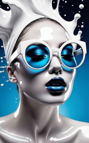(best quality, 4K, 8K, high-resolution, masterpiece, ultra-detailed, photorealistic), a [woman] with a black face wearing large round [white] glasses, [white] liquid splashing all around, the liquid appears to be thick and glossy, surreal and abstract design, vibrant and bright [white] dominating the image, high contrast between the black face and [white] liquid, the liquid looks like it's melting or dripping off the glasses and face, intense and dynamic visual composition, modern and futuristic art style, dramatic lighting, bold and striking visual elements.