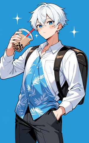 score_9,score_8_up,score_7_up, looking at viewer,short hair,blue eyes,shirt,long sleeves,1boy,holding,white shirt,white hair,male focus,cowboy shot,pants,bag,cup,sparkle,blue background,blush stickers,black pants,backpack,holding cup,blue theme,hand in pocket,drinking straw,drinking,print shirt,bubble tea