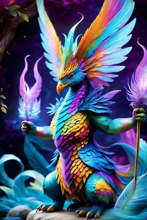 (best quality, 8K, highres), ultra-detailed, (fantasy creature illustration) featuring a magnificent and otherworldly being reminiscent of mythical creatures from legends. Transport yourself to a realm of vibrant fantasy where this extraordinary creature comes to life in a breathtaking display of colors. The high-resolution artwork unveils a world of enchantment, showcasing the creature adorned with a mesmerizing and colorful ensemble that shimmers with iridescent scales, ethereal feathers, and luminous patterns, creating a visually striking and magical aesthetic. The artist's skilled strokes vividly capture the creature's majesty and wonder, with radiant lighting that intensifies the fantastical ambiance. An exceptional masterpiece that seamlessly fuses fantasy and mythical elements, presenting the creature in a new light that resonates with awe-inspiring and vibrant glory