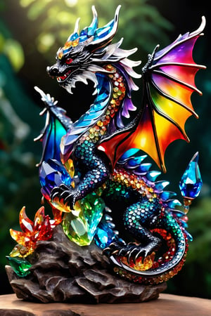 (best quality,8K,highres,masterpiece), ultra-detailed, (super colorful, dragon made of glass, rhinestone, and crystal), featuring a mesmerizing baby dragon crafted entirely from the shimmering brilliance of glass, rhinestone, and crystal. This enchanting creature is a kaleidoscope of vibrant colors, with its intricate body adorned in countless dazzling facets, refracting light in a breathtaking display. The dragon sits elegantly against a pristine white background, its tail and wings glinting with a radiant spectrum of hues. Its black eyes gleam like precious gemstones, and its smile radiates joy and wonder. This artwork is a fusion of artistry and craftsmanship, celebrating the beauty of this unique dragon creation with head wings and a body that captures the essence of both fantasy and the dazzling world of crystal.