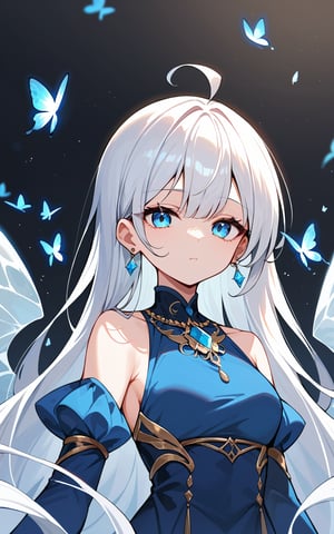 score_9,score_8_up,score_7_up, 1girl,long hair,looking at viewer,bangs,blue eyes,dress,jewelry,closed mouth,upper body,ahoge,white hair,earrings,wings,blue dress,expressionless,bug,gem,butterfly,blue butterfly,glowing butterfly
