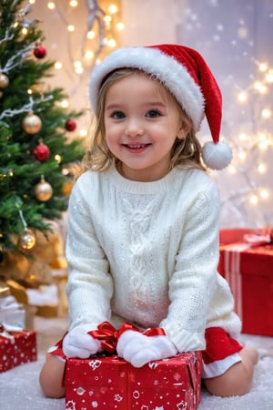 (best quality,4k,8k,highres,masterpiece:1.2),ultra-detailed,(realistic,photorealistic,photo-realistic:1.37),cute little girl with beautiful detailed eyes,cute smiley and blushing face,dressed in a lovely Christmas outfit,wearing a red Christmas hat,standing in a snowy landscape with falling snowflakes,holding a beautifully decorated gift box,with a cute little puppy playing beside her,with soft and warm studio lighting,exuding a cozy and joyful atmosphere,vivid colors that highlight the Christmas theme,featuring a touch of bokeh in the background,creating a magical and enchanting scene.