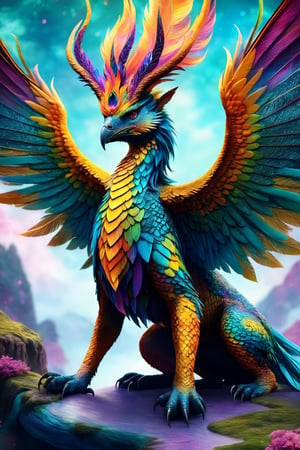 (best quality, 8K, highres), ultra-detailed, (fantasy creature illustration) featuring a magnificent and otherworldly being reminiscent of mythical creatures from legends. Transport yourself to a realm of vibrant fantasy where this extraordinary creature comes to life in a breathtaking display of colors. The high-resolution artwork unveils a world of enchantment, showcasing the creature adorned with a mesmerizing and colorful ensemble that shimmers with iridescent scales, ethereal feathers, and luminous patterns, creating a visually striking and magical aesthetic. The artist's skilled strokes vividly capture the creature's majesty and wonder, with radiant lighting that intensifies the fantastical ambiance. An exceptional masterpiece that seamlessly fuses fantasy and mythical elements, presenting the creature in a new light that resonates with awe-inspiring and vibrant glory