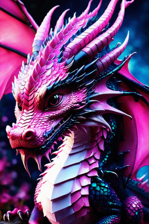 (best quality,8K,highres,masterpiece), ultra-detailed, (super colorful, pink dragon face), featuring the delightful and vibrant visage of a baby dragon. This enchanting dragon, with a cheerful smile, captivates the viewer as it gazes directly into their eyes. The background is a simple yet vivid white, accentuating the dragon's presence. Its expressive eyes, composed of deep black, are surrounded by a dazzling array of shades of pink that adorn its face, creating a mesmerizing and harmonious display of color. The dragon's distinctive features, including its unique head wings, fuse seamlessly into this radiant and fantastical portrayal of a pink dragon's face.