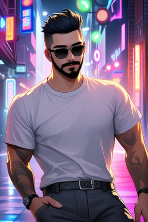 (best quality, 4k, 8k, highres, masterpiece), ultra-detailed, short hair, shirt, black hair, man, closed mouth, white shirt, upper body, male focus, glasses, blurry, blurry background, facial hair, night, sunglasses, t-shirt, beard, neon lights