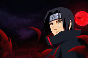 (best quality, 8K, highres, masterpiece), ultra-detailed, close-up portrait of Itachi Uchiha with his Sharingan eyes, set against a dramatic blood moon background. This composition captures Itachi's intense gaze, the Sharingan's detailed complexity, and the eerie, powerful ambiance created by the blood moon. The stark contrast between the deep reds of the moon and the dark hues of Itachi's features enhances the mysterious and formidable essence of his character. The artwork aims to convey Itachi's depth, power, and the haunting beauty of his determination, all while encapsulating the symbolic relationship between the Uchiha clan and the moon's ominous presence